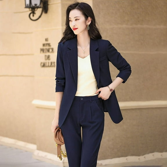 Wholesales Navy High-quality two-Piece Suit Set Business Single Button Blazer Office Lady Women Jacket and Trouser