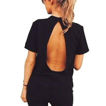 Women’s Short Sleeve Shirt Backless Casual Tops Draped Blouse Tee