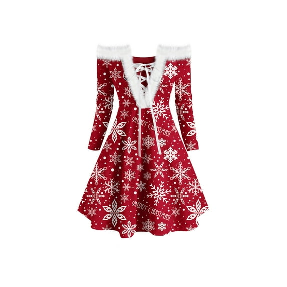 Seyurigaoka Winter Women Juniors Long Sleeve Dress Off-shoulder Christmas Element Printed Dress