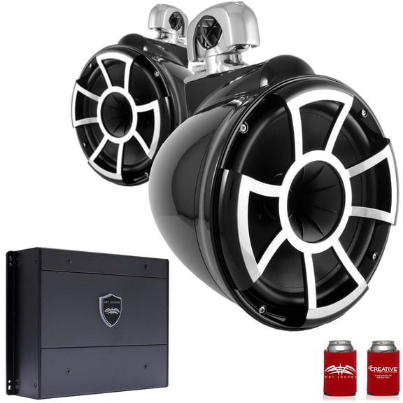 Wet Sounds REV10B-SC 10" Black Tower Speakers with Stainless Steel Swivel Clamps & SYN-DX4 800 Watt Amplifier