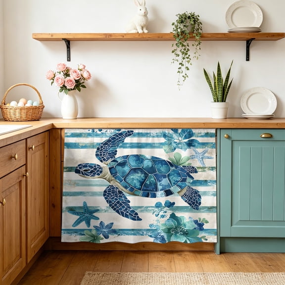 Teal Blue Turtle Coastal Small Sink Skirt 10"Wx11"L,Dustproof Under Sink Curtain with Self Adhesive Tape,Vintage Stripe Botanical Beach Cabinet Curtain Cover for Bathroom Vanity,Kitchen Storage Shelf
