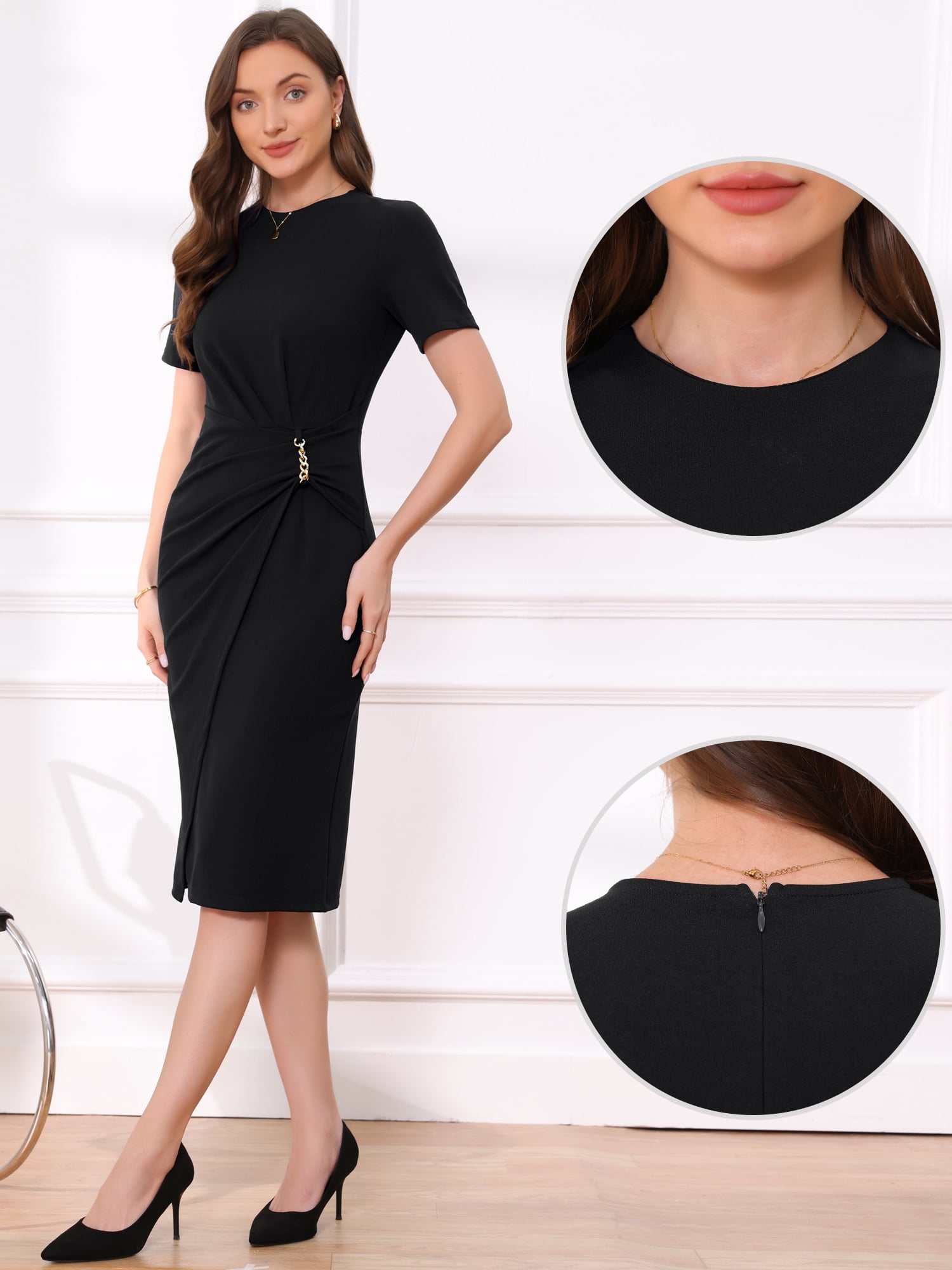 DARING DIVA Women's Short Sleeve Crew Neck Bodycon Sheath Midi Dress XS Black
