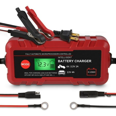 70W Fully Automatic Battery Charger, 6V/12V Lead-Acid Auto Batterys Charger/Maintainer with LCD Digital Display/IP65 Protection for Car, Motorcycle, Scooter, Lawn Mower