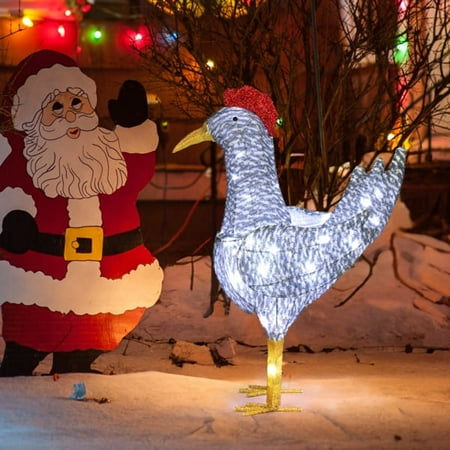 imerelez 2FT Lighted Christmas Rooster Outdoor Decoration Weather Proof Plush Rooster Christmas Ornament Home Decor Pre-lit 50 LED White Lights with Stakes