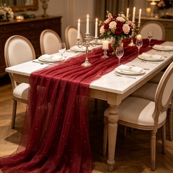 Sheer Polyester Table Runner 29.52x118.11 Inch Elegant Transparent Fabric Runner for Wedding Party Home Dining Table Decor(Red)