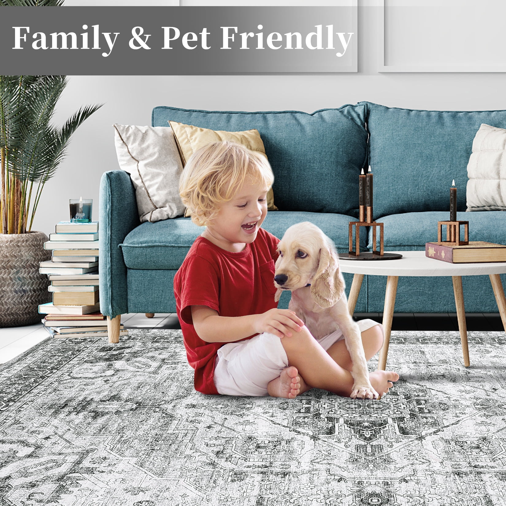 FairOnly 8'x10' Grey Area Rugs for Living Room Vintage Boho Machine Washable Rugs Low Pile Soft Rugs for Bedroom Indoor Floor Carpet