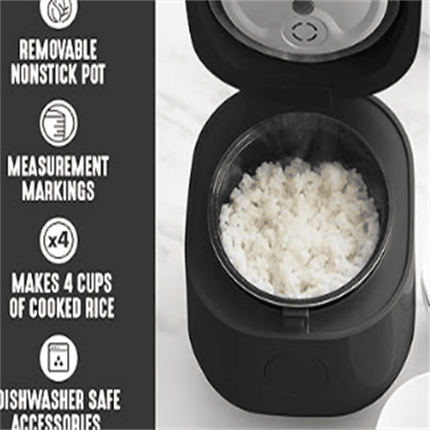 Digital Rice Cooker, 2-Cups Uncooked/4-Cups Cooked, Removable Nonstick Ceramic PFAS-Free Pot, One-Touch Presets, Oats, Quinoa, Brown Rice, Auto Keep Warm, Fuzzy Logic Tech, 1.5QT, Black