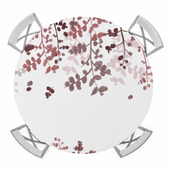 Elastic Fitted Round Tablecloth, Leaves Waterproof Stretch Table Cover for 55"-60" Tables, Pink Brown Summer Botanical Washable Outdoor Tablecloths for Patio, Picnic, Camping