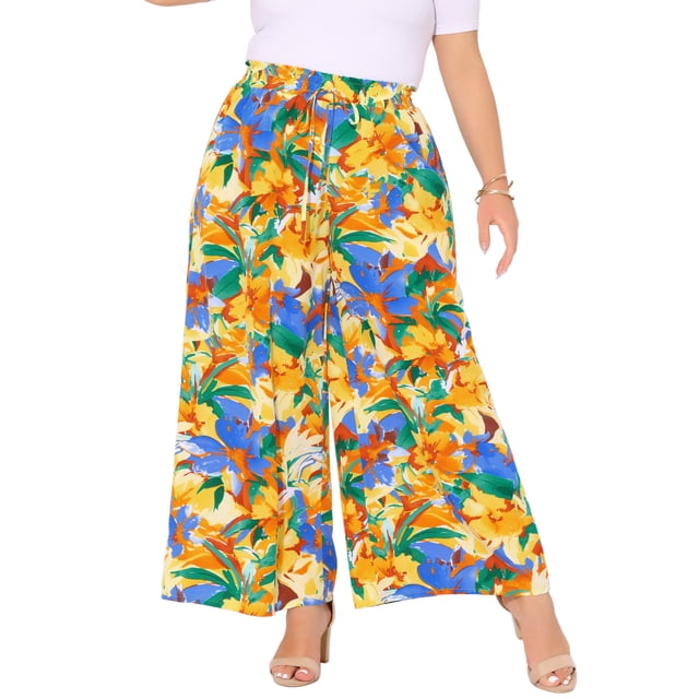 Pantalones Palazzo de Mujer Plus Size con Estampado Floral y Cintura Frontal de La Marca Agnes Orinda, Estilo Boho, Fluidos y Casual, con Bolsillos, Talla 2X, Color Amarillo Naranja