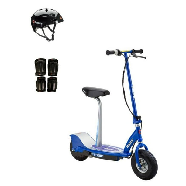 Razor E300S Seated Electric Scooter (Blue) with Helmet, Elbow & Knee