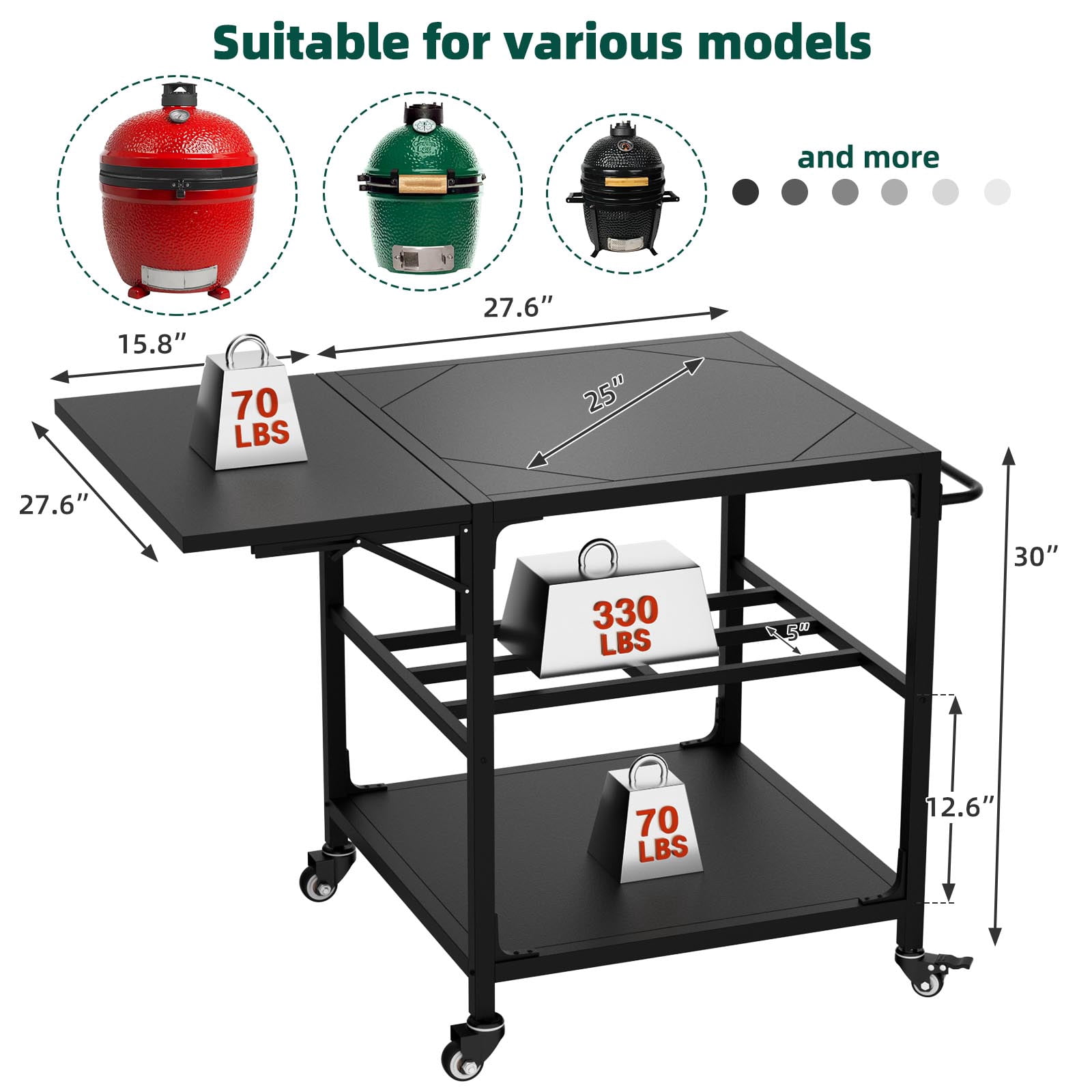 Outdoor Grill Table Compatible with Large Big Green Egg, Heavy Duty Metal Kamado Cart with Wheels, Storage Shelf, Hooks and Removable Central Cover for 21-26 Inch Kamado Style Grill