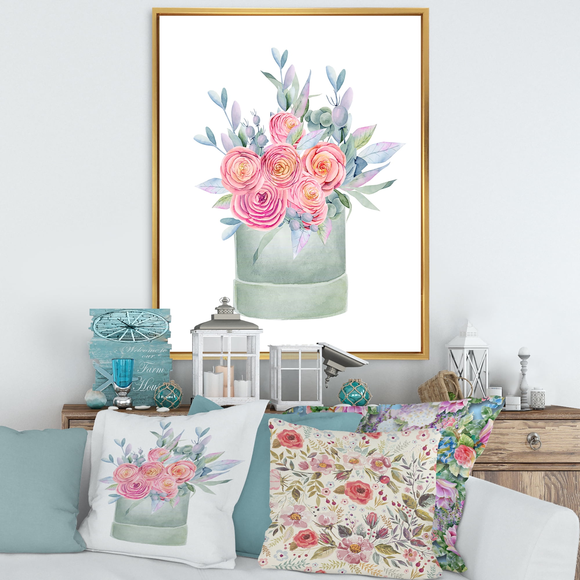 Designart 'Pink Roses With Gift Box' Farmhouse Framed Canvas Wall Art Print