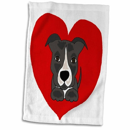 Red Pit Bull - 3dRose Fun Grey and White Pitbull Puppy Dog and Red Heart Love - Towel, 15 by 22-inch