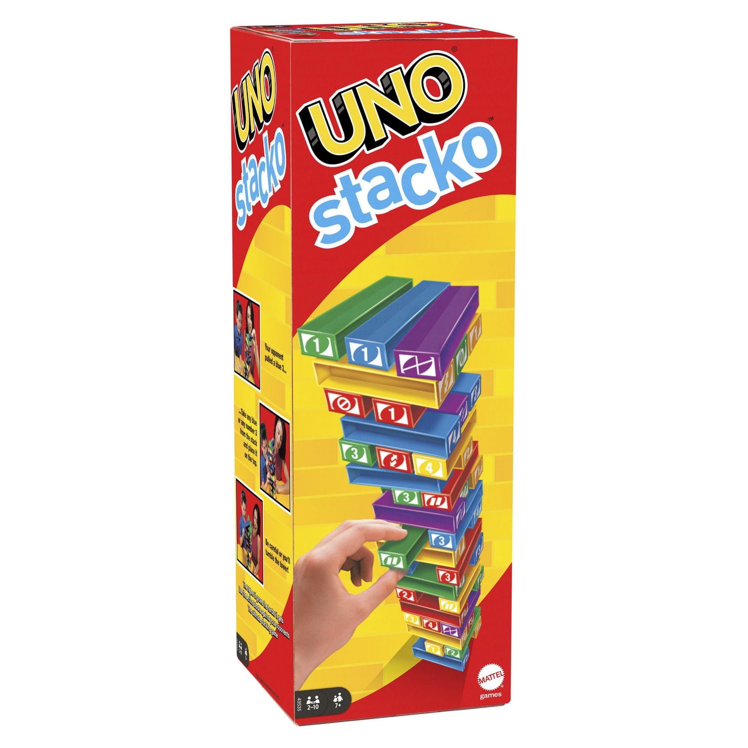 Jeu ​UNO Stacko pour enfants et famille, avec 45 blocs colorés à empiler, plateau de chargement et mode d’emploi, excellent cadeau pour les 7 ans et plus
