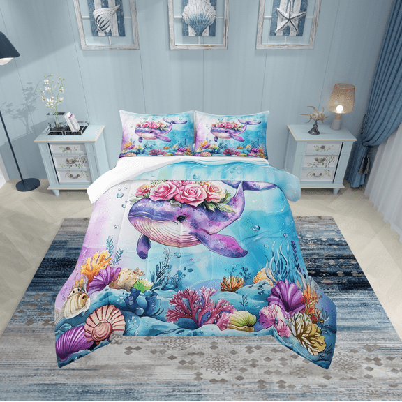 Erosebridal Sealife Whale Bedding Twin Comforter Set,Marine Animal Down Comforter,Uderwater World Decor,Lightweight,2-Piece