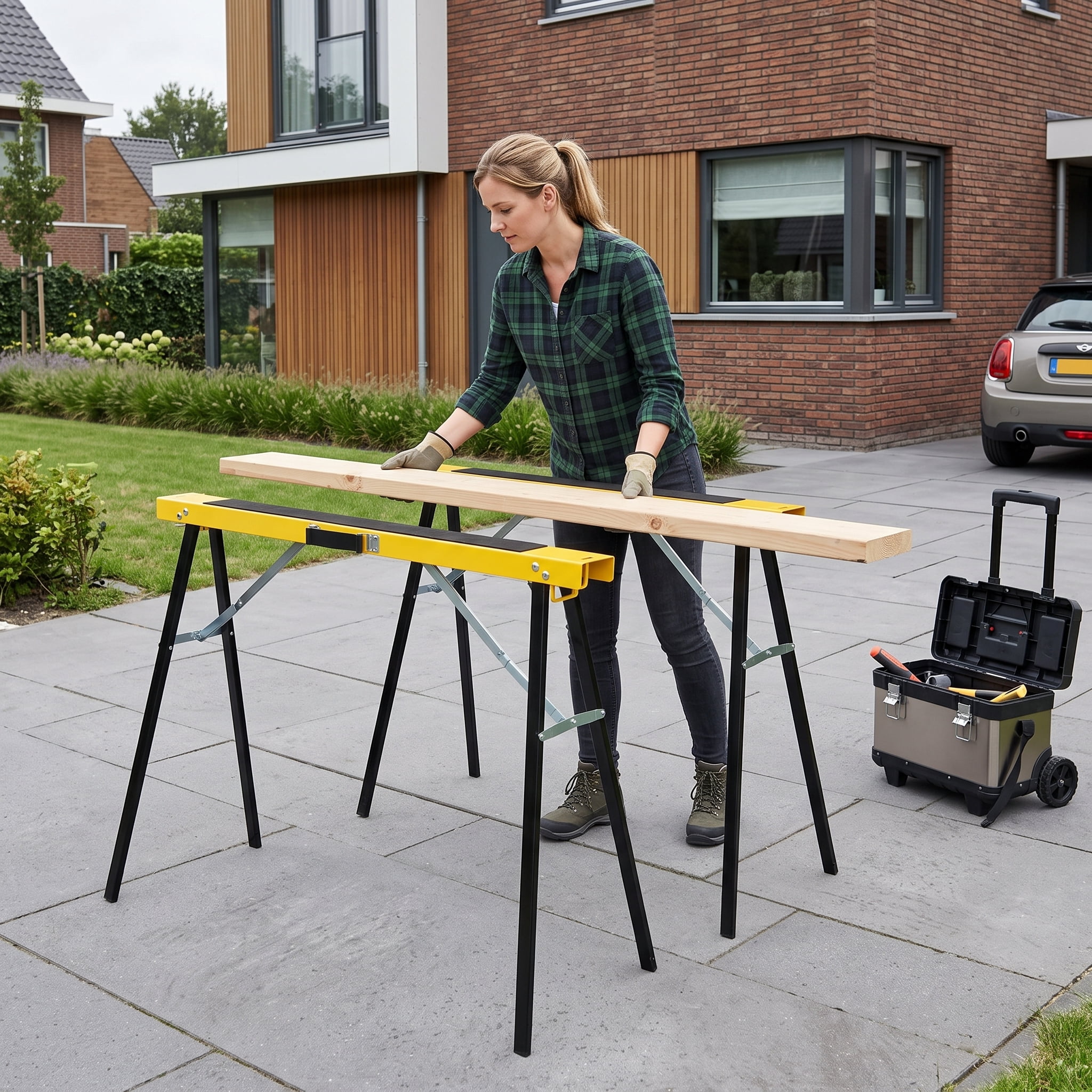 Saw Horses 2 Pack, Folding Portable Work Horse with Fast Open Legs, Convenient Handle, Heavy Duty Steel Sawhorse for Garage, Workshop, Fully Assembled
