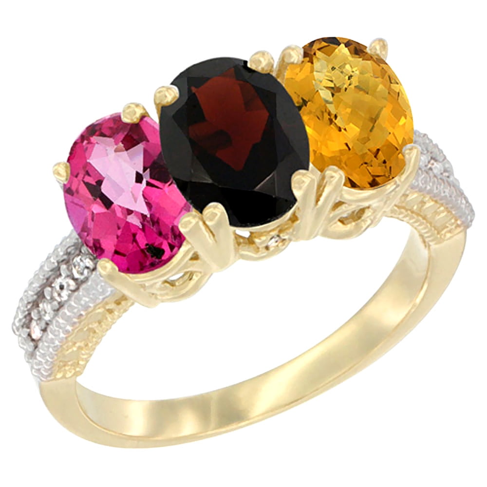 14K Yellow Gold Natural Pink Topaz, Garnet & Whisky Quartz Ring 3-Stone 7x5 mm Oval Diamond Accent, sizes 5 10 by WorldJewels