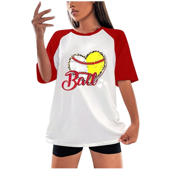 jsaierl Womens Baseball Shirt Heart Pattern Short Sleeve T Shirt Casual Crew Neck Summer Top Patchwork Mothers Day Gift Tee