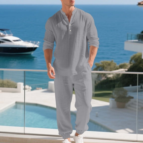 DayScoop Mens Sweat Suit Long Sleeve Sports Set Fashion Casual Button Cardigan Standing Collar Shirt Drawstring Waist Pants Sportswear