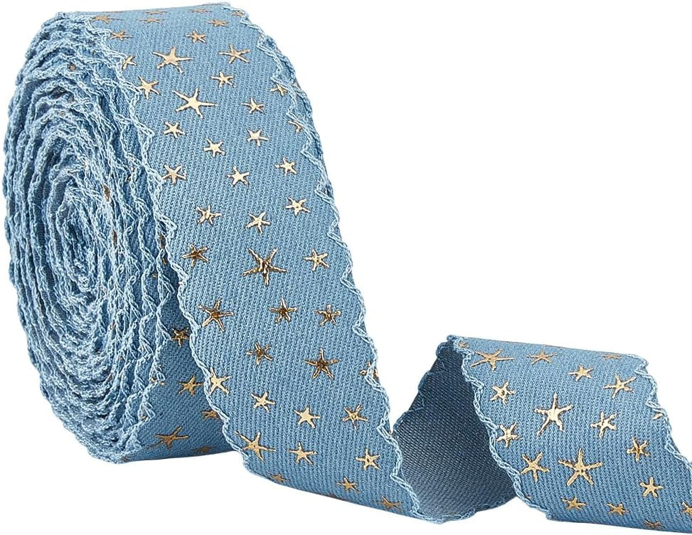 14 Yards Light Blue Denim Trim Fabric Blue Jean Wired Edge Ribbon Gold Foil Star Denim Ribbon