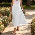 thumbnail image 5 of IUYRTFE Women Elastic Waist Cotton Linen Midi Skirt Solid Color Casual A Line Skirt for Summer Vacation Daily Wear, 5 of 7
