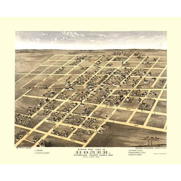 Historic Panoramic View - Homer Illinois - Ruger 1869 - Vintage Wall Art
