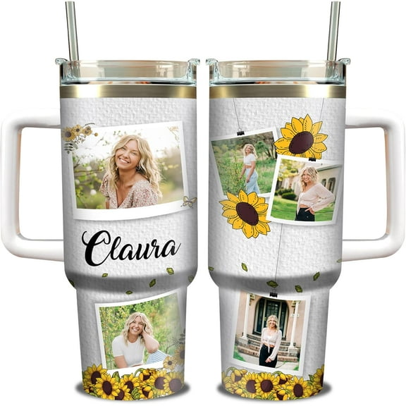 Personalized Photos Text Name Tumbler 40oz with Handle and Straw Stainless Steel Travel Coffee Mug Custom Birthday Christmas Thanksgiving Gifts For Dad Mom Friends Family Sister Brother