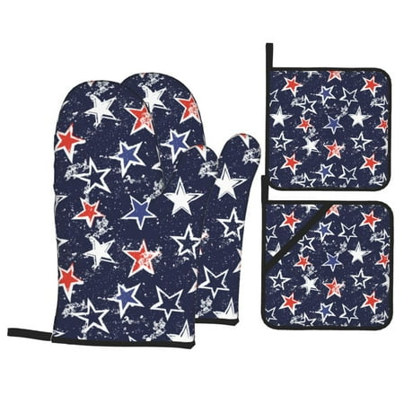 

Oven Mitts and Pot Holders 4 Piece USA Stars High Heat Slip Resistant Oven Mitt and Trivets Set Kitchen Oven Glove Pot Holders for Cooking Baking Grilling