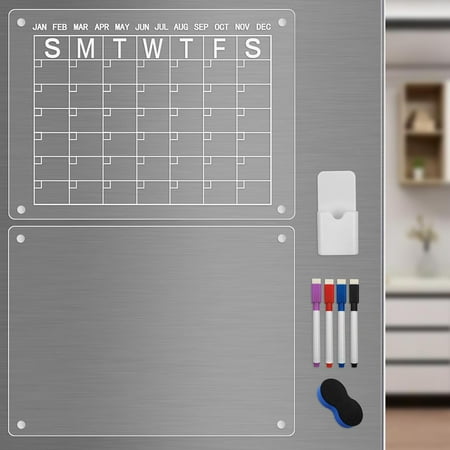 Acrylic Calendar for Fridge, Clear Dry Erase Board for Refrigerator, Set of 2 Family Monthly Weekly Reusable Monthly & Blank Planning Boards, Includes 4 Colors Markers 16x12" & Eraser