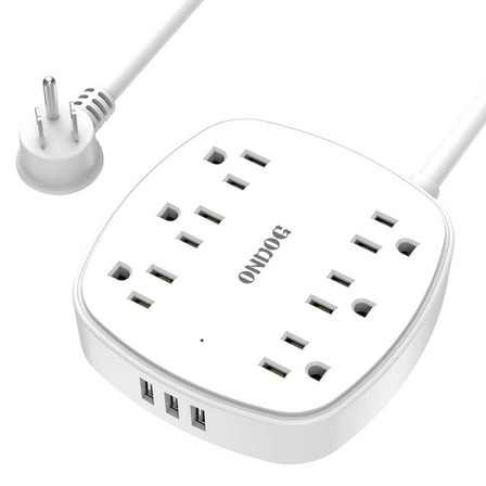 ONDOG 6ft Flat Plug Extension Cord- Power Strip Surge Protector with 6 Outlet Extender and 3 USB Ports, ETL Listed
