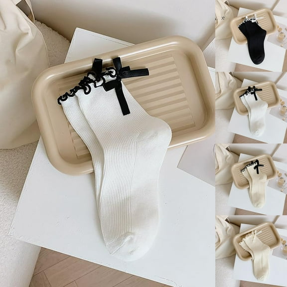 KLOY2K Socks for Women Non Slip Adorable Bow & Ruffle Ankle Socks - Soft Breathable Cotton Crew Socks in Black and White,Beige,One Size