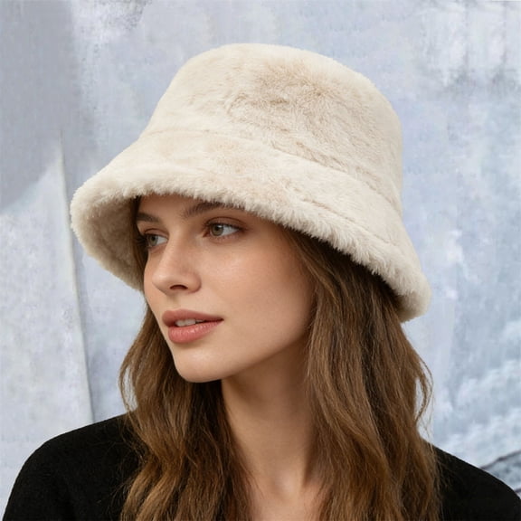 Women's Double Face Fleece Bucket Hat, Plush Warm Winter Hat with Wide Brim, Soft Casual Sun Hat for Cold Weather Outdoor and Daily Wear Beige