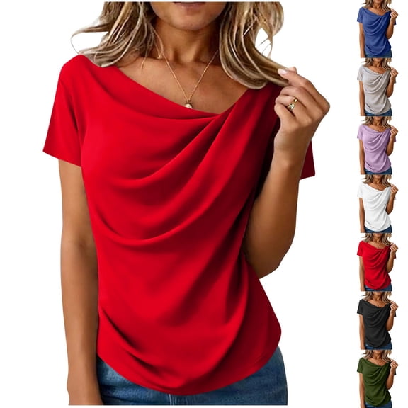 Women's Asymmetrical Short Sleeve Cowl Neck Blouses Summer Ruched Loose Fit Y2K Casual Beach Going Out Tops Red XL