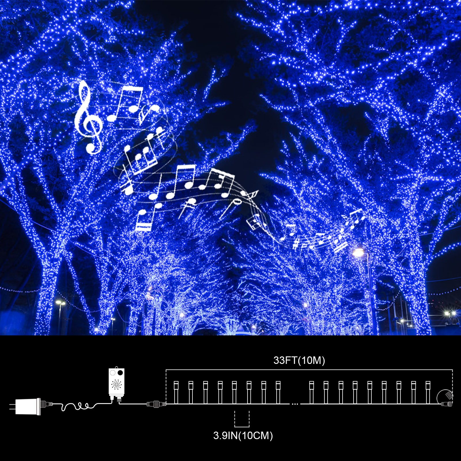 LAMPHOME 33ft Music Christmas Mini Lights,100 LED Fairy Starry String Light Plug in for Indoor Outdoor Xmas Tree Wedding Party Decoration (Blue)