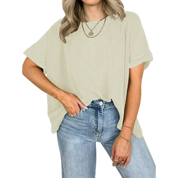 SHIBEVER Womens Tops for Women Summer Short Sleeve Crew Neck Tops for Women Tunic Basic Loose Tees Shirts for Women Casual Clothes Beige Apricot XXL