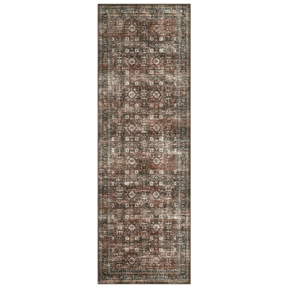 Title: Non-Slip Washable Vintage Runner Rug 2x6ft Distressed Floral Carpet Low-Pile Mark Resistant Easy Clean Mat for Kitchen Hallway Laundry Room Brown