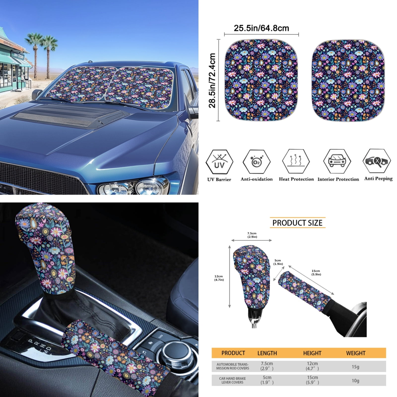Yuyamidu Colorful Flower Car Seat Covers Full Set of 16 Car Windshield Sun Shade Gear Shift Cover Hand Brake Cover Steering Wheel Cover Seat Belt Pads Rearview Mirror Cover Cup Holders Keychain