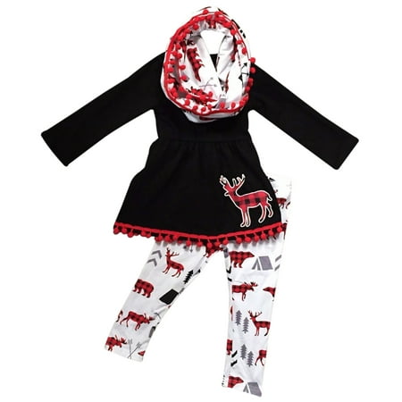 Toddler Girls 3 Pieces Set Christmas Deer Holiday Outfit Top Tunic Scarf Pant Set Black White 2T XS (P201072P)