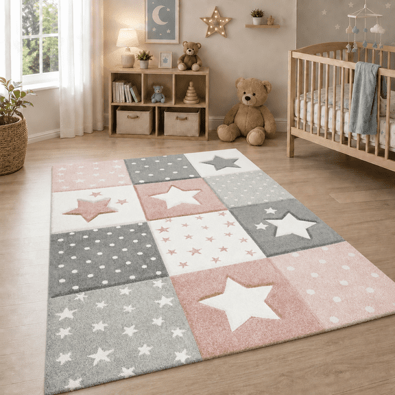 Kids Rug with Stars for Nursery Checkered in Pink