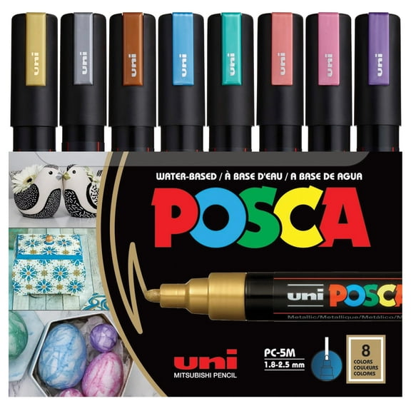 posca Markers Set, 8 Medium Paint Markers 5M, Metallic Tones – Gold, Silver, Bronze, Blue, Green, Red, Pink, Violet