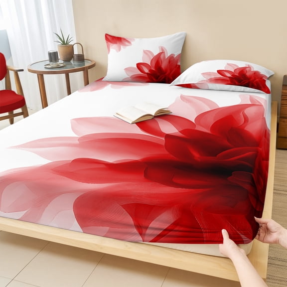 Twin Sze Fitted Sheet Set - Red Flower 2 Piece Bedding Sets 16" Deep Pocket Fitted Sheet with 1 Pillowcase, Boho Modern Floral Abstract Ombre Leaf White Brushed Microfiber Hotel Luxury Bed Sheets