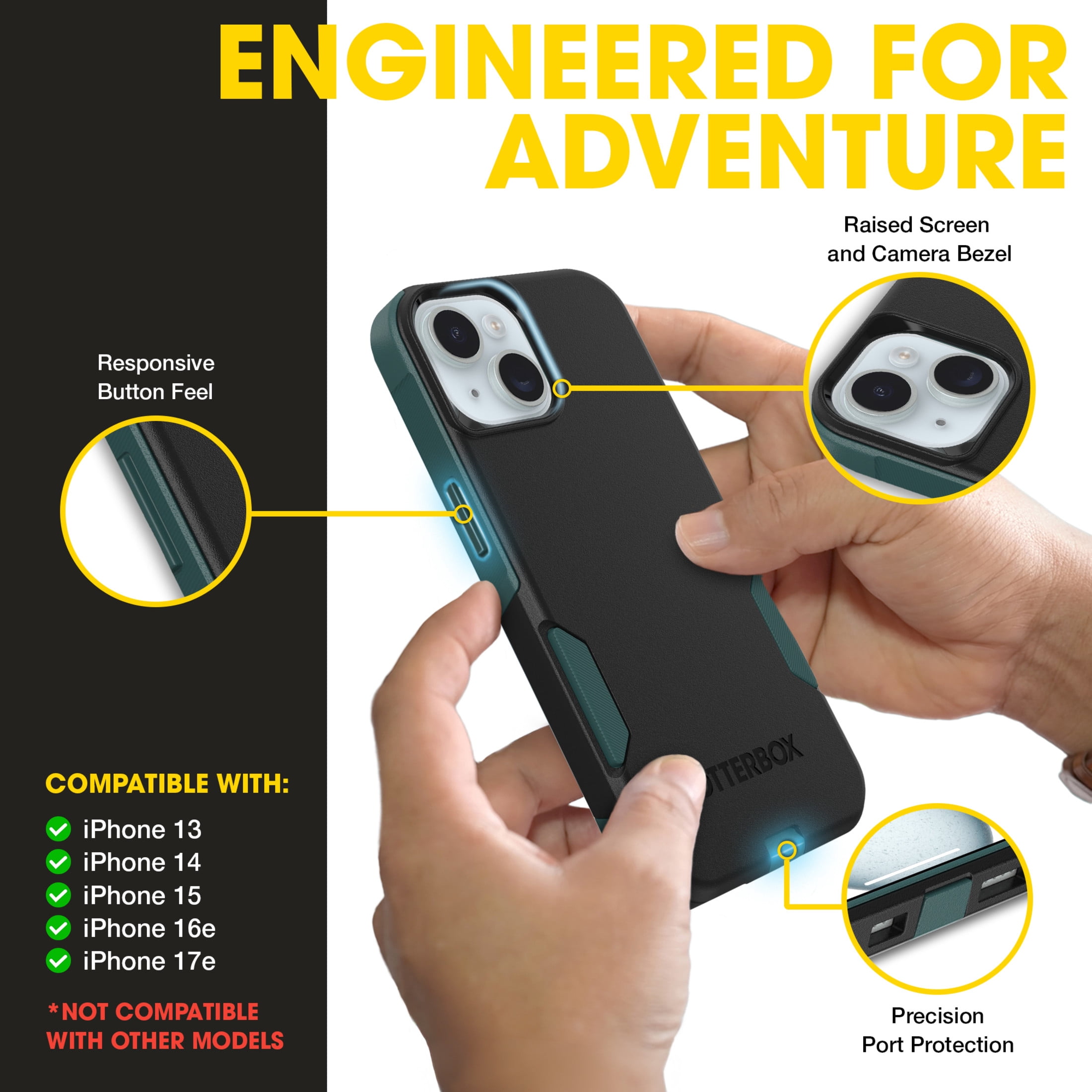 OtterBox Commuter MagSafe Case for iPhone 17e/16e/15/14/13 – Black/Green – Slim, Shockproof, Dual Layer Drop Protection