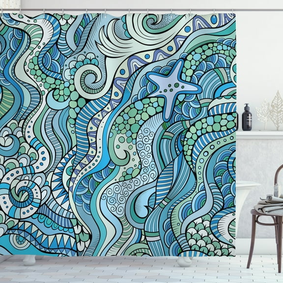 Ambesonne Blue Shower Curtain, Underwater Wildlife Ethnic, 69"Wx84"L, Turquoise Blue Lavender