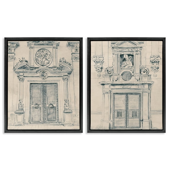 Stupell Industries Pencil Sketch Ornate Door Buildings & Architecture Drawing Black Floater Framed Canvas Art Print Wall Art, 17 x 21, Set of 2