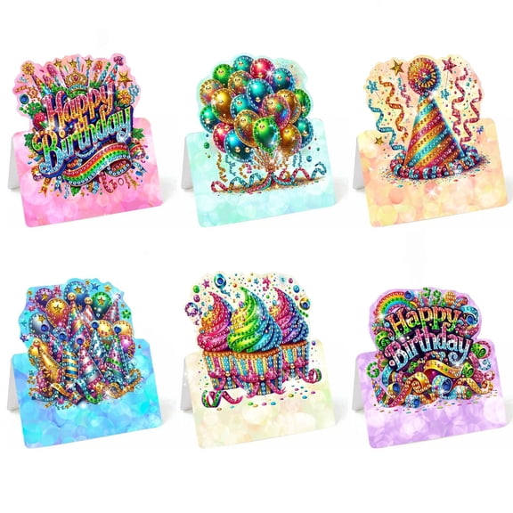 FLOPESN 6Pcs Happy Birthday DIY Diamond Art Painting Greeting Card,3D Folding Card Kit,White 4.5X9.1in Envelopes for Festival Gift-Colorful Birthday