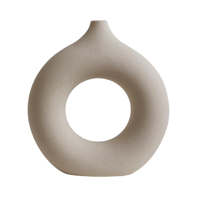 florero de cerámica de estilo nórdico, jarrón de mesa, jarrón, maceta, jarrones decorativos para oficina, cocina, dormitorio, decoración, regalo de s gloria jarrón de ceramica. Vista frontal centrada de jarrón Gloria blanco con forma anular tipo donut y agujero central; acabado mate cerámico texturizado, cuello cónico corto y base plana. Adecuado como centro de mesa o adorno de estante; suele usarse también para exhibir ramos secos.