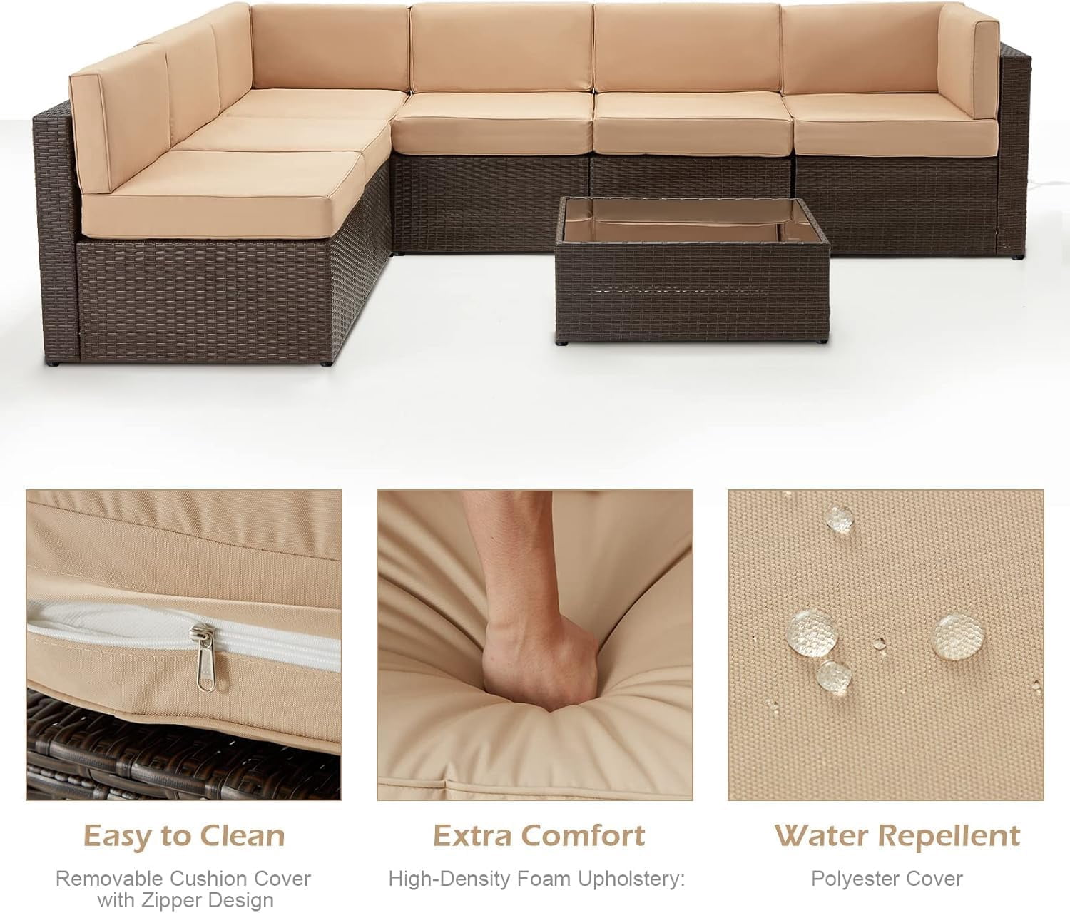 YODOLLA 7-Piece Patio Furniture w/ Protection Cover, Outdoor Sectional Sofa Couch w/ Coffee Table, Patio Conversation Set in Brown Wicker& Beige Cushions