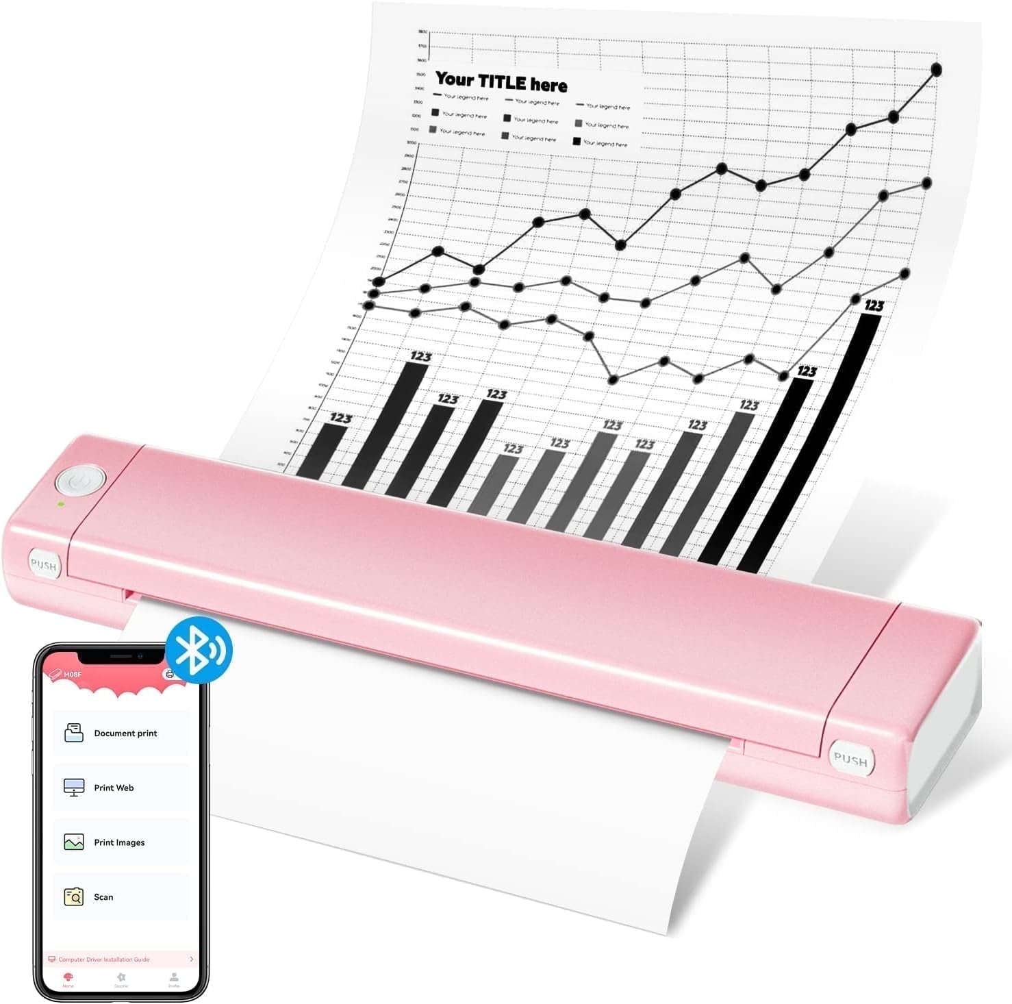 Phomemo M08F Portable Printer Wireless Thermal Printer for Travel, Support 8.5" X 11" Thermal Paper, Bluetooth Inkless Printer Compatible with Android iOS Phone & Laptop(Pink)