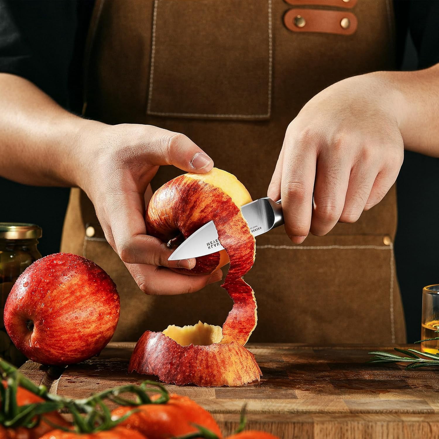 Klaus Meyer 8-Piece Kitchen Knife Set, German High Carbon Steel Pakka Wood Handle Chef Knife Set With Block, Ultra Sharp With Scissors, Sharpener Rod.