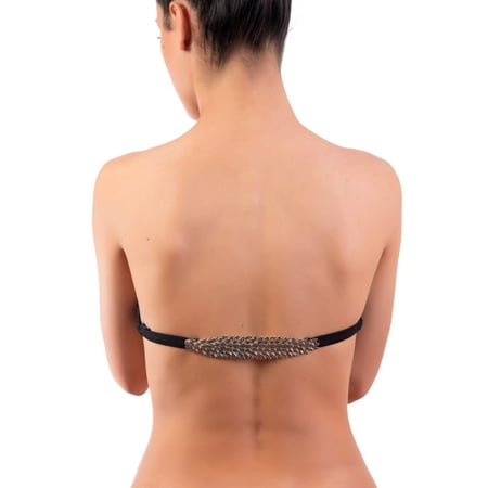 

ChicBack Cloe Bra Fashion Accessory Adjustable Strap Feather Accents Open Back - M - Silver / Black